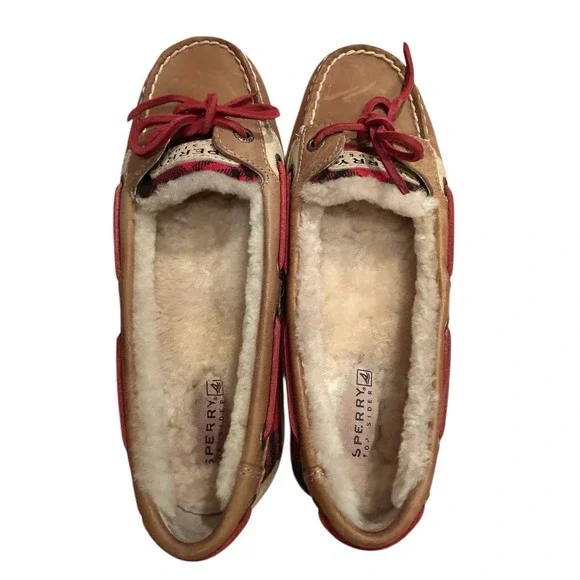 Sperry Top Sider Leather With Lambswool Shoes Womens Size 6M Brown Red Plaid - Picture 8 of 12